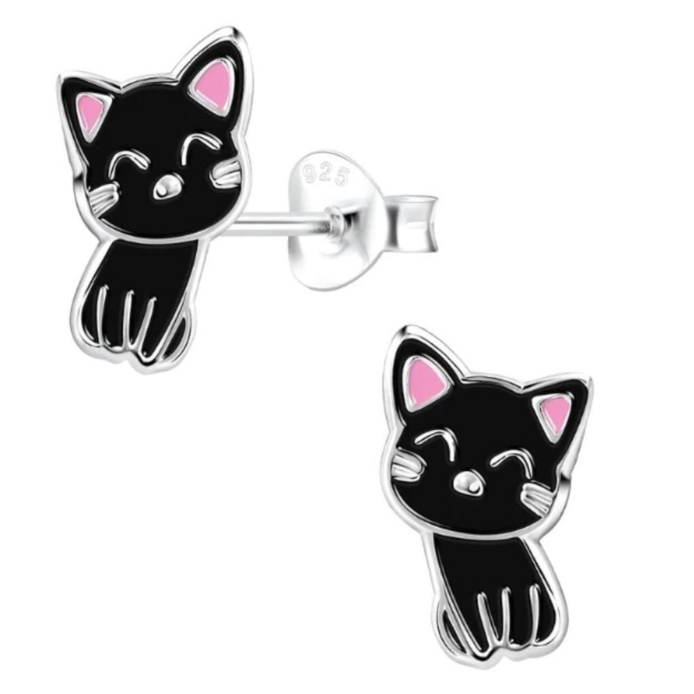 Sterling Silver Cat Stud Earrings Black